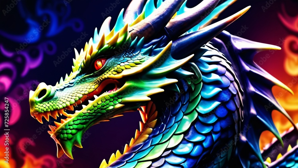 Abstract brilliance unfolds, a colorful Dragon in a 3D explosion; color dances on wallpaper.
