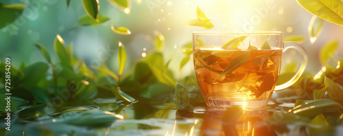 Glass cup of tea amidst fresh green leaves with morning sunlight. Wellness and lifestyle concept. Advertisement for a tea brand. Banner with copy space.