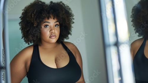 A plump black woman in front of a mirror looks at her body. A plus size model in front of a mirror in her lingerie feels body-positive. A fat woman looking at herself in the mirror Generative ai