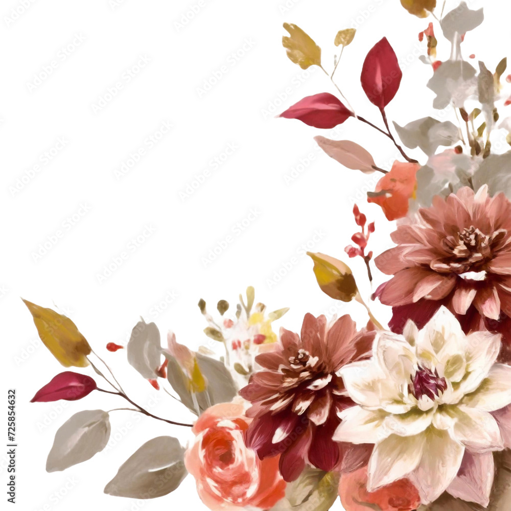 watercolor illustration of Autumn floral corner border with dahlia, rose and eucalyptus leaves. 