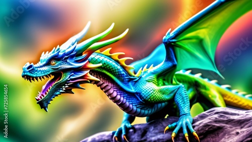 Abstractly incredible, a colorful Dragon in a wonderfully fantastical close-up; inspiring rich colors on a spectacularly bright background.