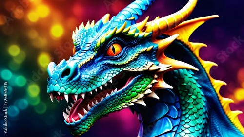 Abstractly inspiring  a colorful Dragon close-up  wonderfully rich colors on a spectacularly bright background.