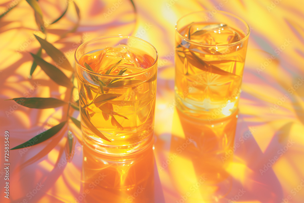 Pair of glass cups of tea amidst fresh green leaves with morning sunlight. Wellness and lifestyle concept. Advertisement for a tea brand. Banner with copy space. Pair of glass cups of tea amidst fresh green leaves with morning sunlight. Wellness and lifestyle concept. Advertisement for a tea brand. Banner with copy space.