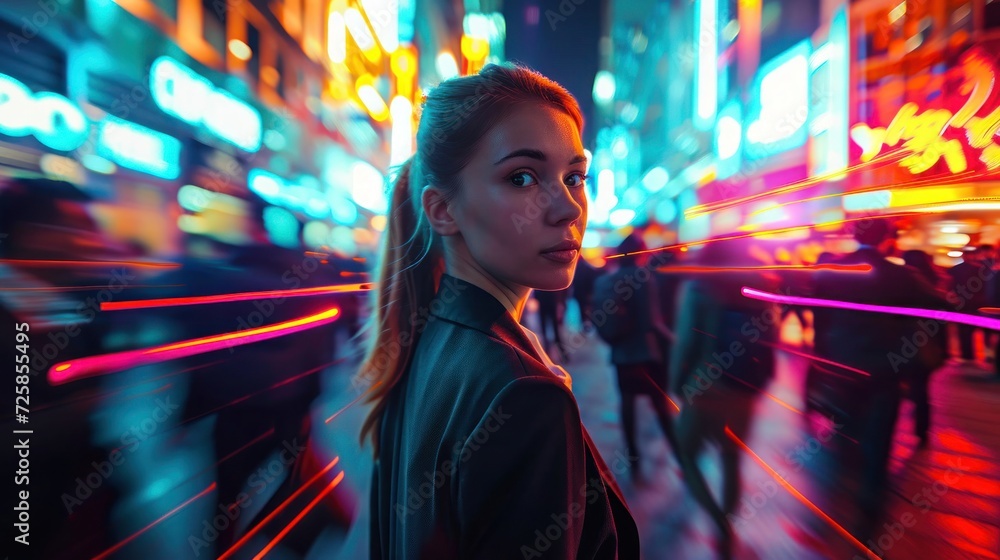 Female Businesswoman Amongst People Futuristic City At Night Background Generative AI