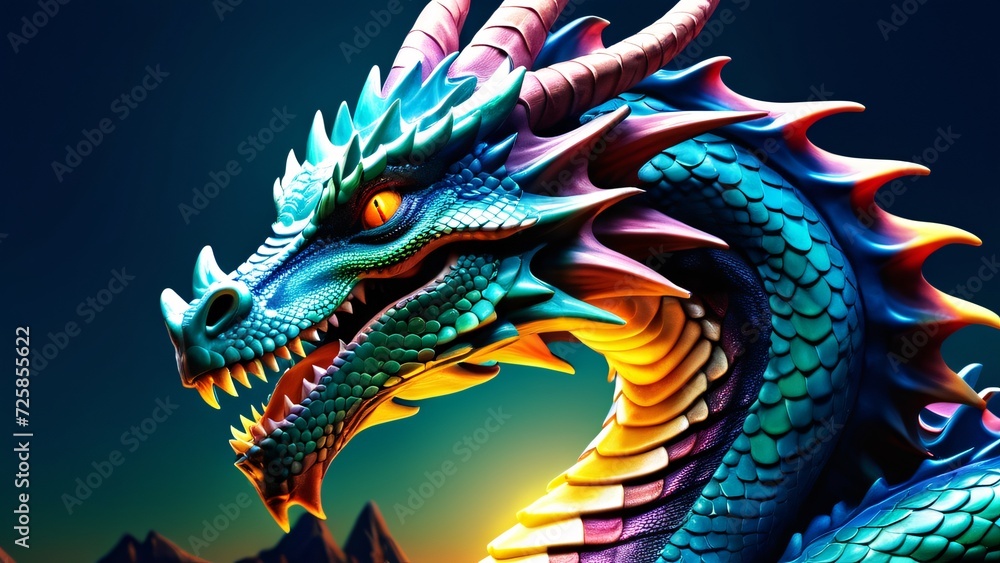 Fototapeta premium Abstractly incredible, a colorful Dragon in a wonderfully fantastical close-up; inspiring rich colors on a spectacularly bright background.