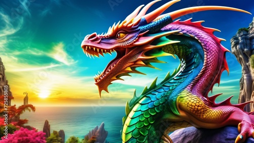 Abstract perfection, a colorful Dragon in an incredibly awesome 3D; colorful curves on a wonderfully bright background.