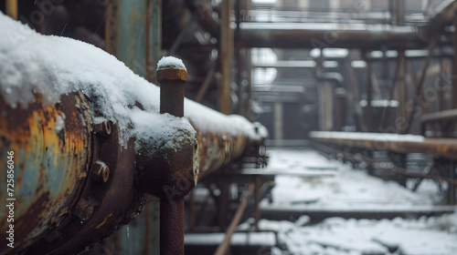 Snowy pipe in an abandoned industrial factory. Rusty metal surfaces in the background photo
