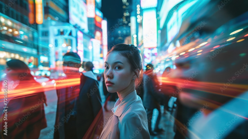 Female Businesswoman In Crowd Futuristic City At Night Background Generative AI