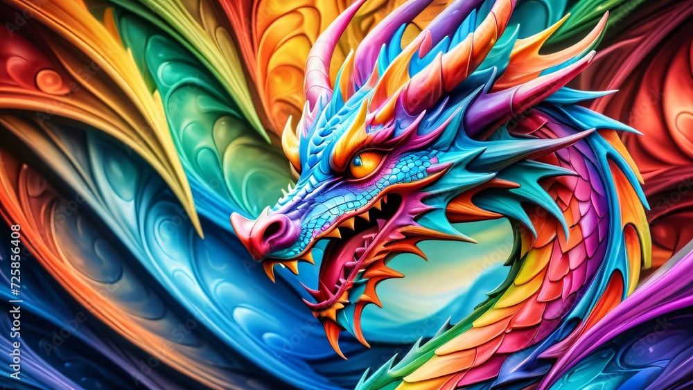 Obraz premium Abstractly magical, a colorful Dragon dances in an unbelievably fantastical 3D; wonderfully inspiring rich colors on a bright background.