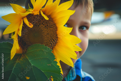 Closeup to little boy hiding his face behind sunflower. Invisible disability concept photo
