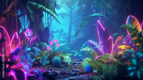 Unusual plants in a magical forest at night illuminated by neon light © Taia