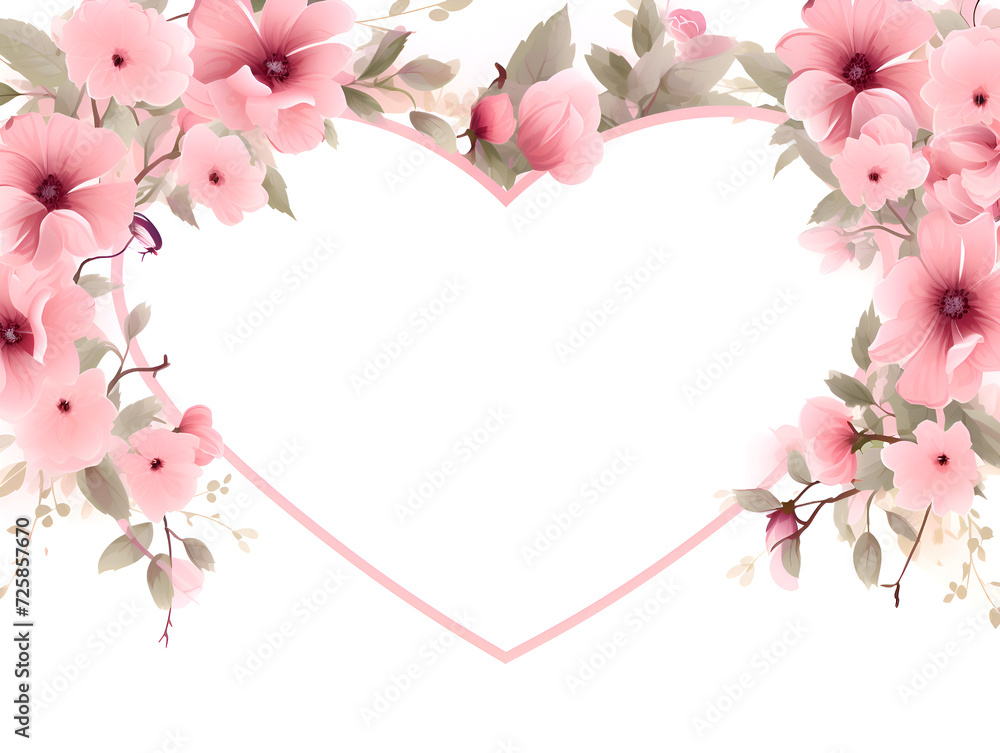 Abstract heart shaped frame with pink flowers and white copy space background 