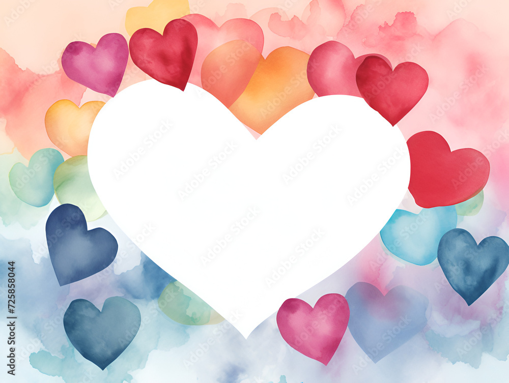 Abstract frame with colorful watercolor hearts and white copy space background 