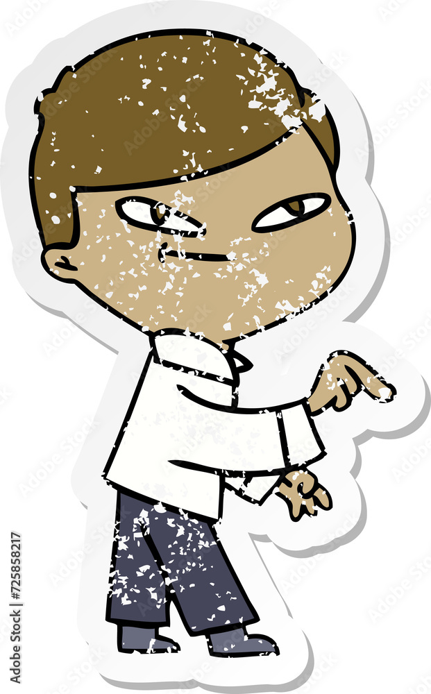 distressed sticker of a cartoon pointing man