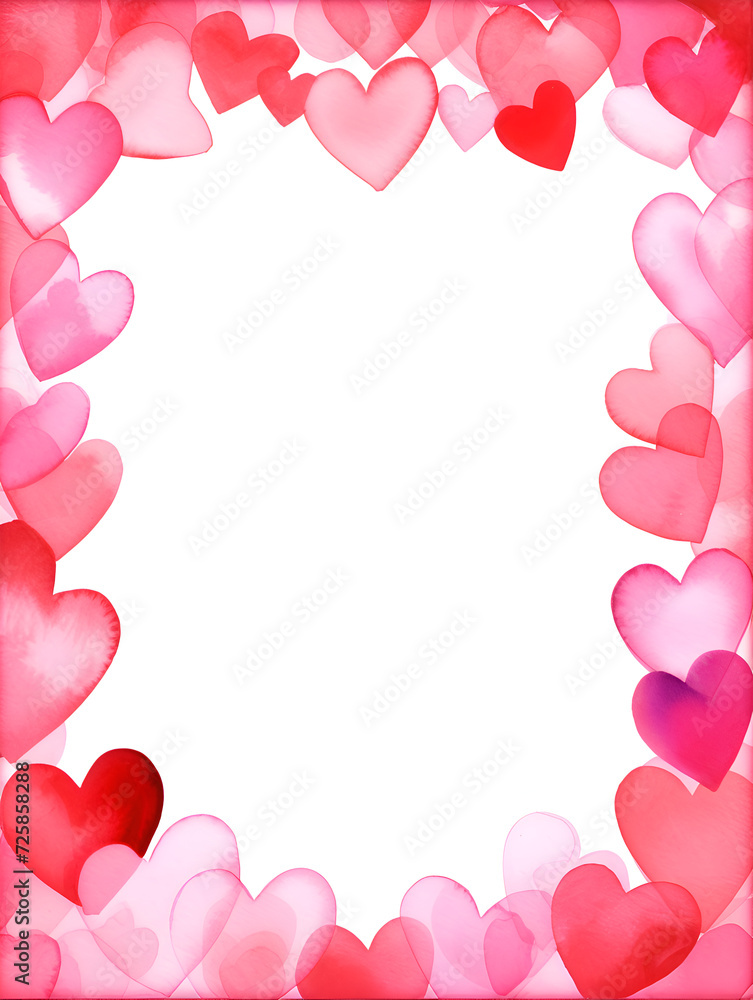 Abstract frame with pink watercolor hearts and white copy space background 