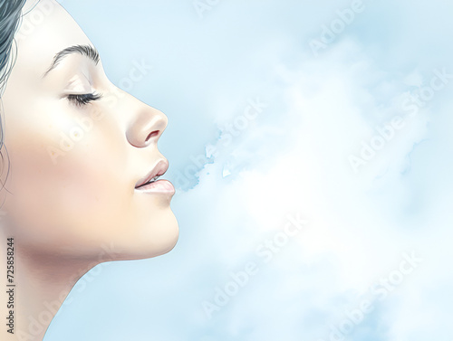 Close up of illustration of a female face, blue background with copy space  photo