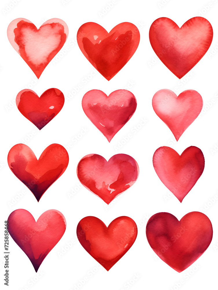 Seamless pattern with red watercolor hearts on white background	
