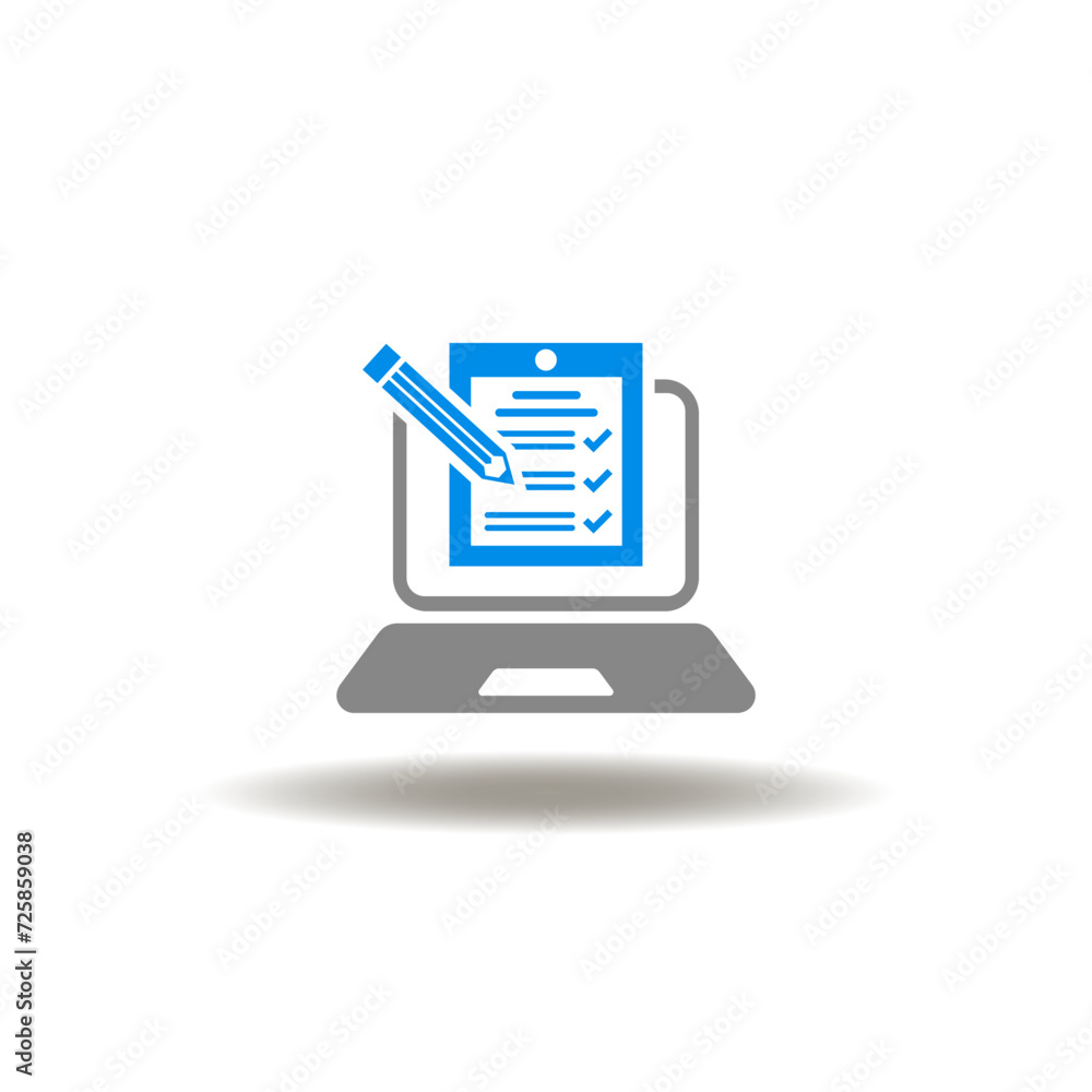 Vector illustration of laptop and checklist. Icon of online test. Symbol of electronic exam. Vector illustration of laptop and checklist. Icon of online test. Symbol of electronic exam.