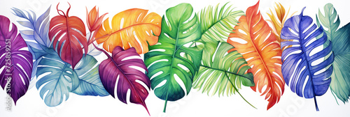 Colorful tropical leafs pattern. Pencil, hand drawn natural illustration photo
