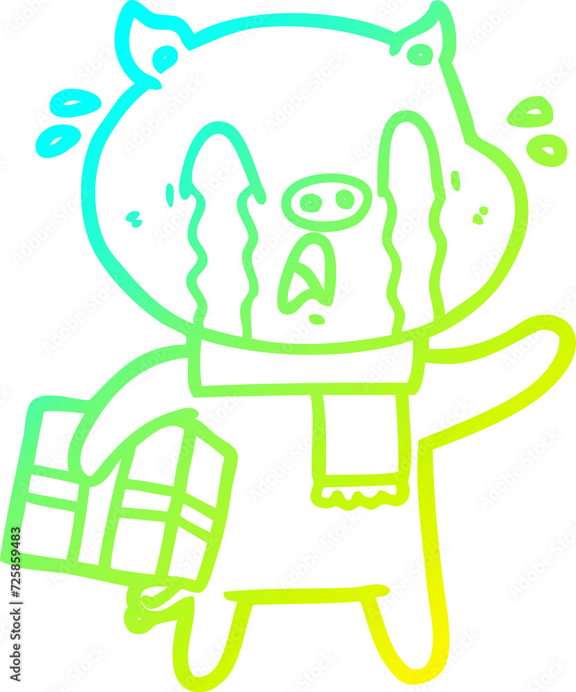 cold gradient line drawing crying pig cartoon delivering christmas present cold gradient line drawing crying pig cartoon delivering christmas present