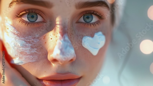 Heart made of face cream on cheek of beautiful woman. Generative AI