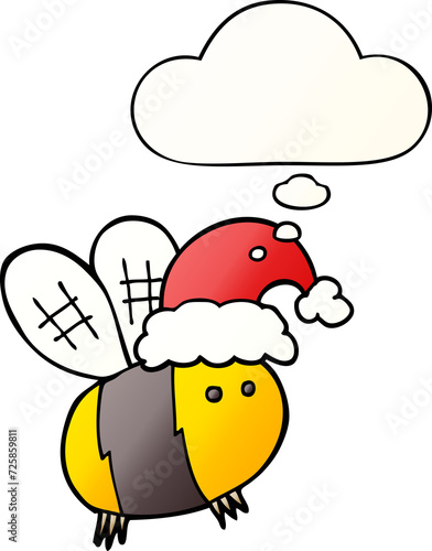 cute cartoon bee wearing christmas hat and thought bubble in smooth gradient style © lineartestpilot