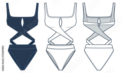 One Piece Swimsuit fashion flat technical drawing template. Strap Bodysuit technical fashion Illustration, square neck, cutout, front and back, white, deep blue, women CAD mockup set.
