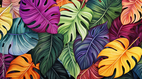 Colorful tropical leafs pattern. Pencil  hand drawn natural illustration