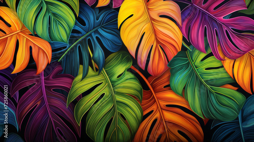 Colorful tropical leafs pattern. Pencil  hand drawn natural illustration