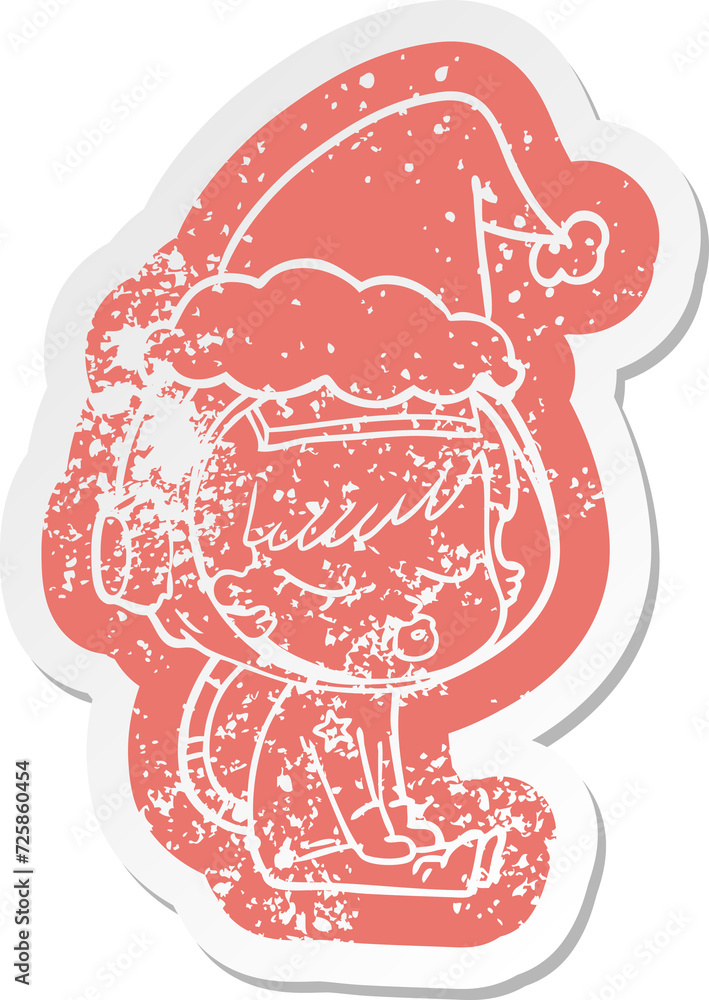 cartoon distressed sticker of a pretty astronaut girl sitting waiting wearing santa hat