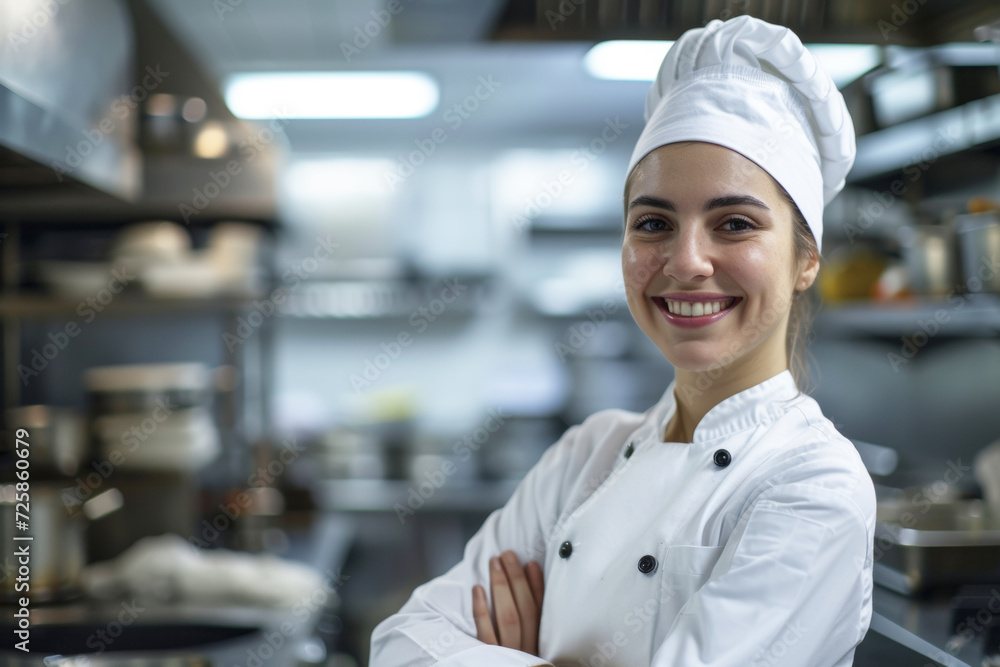 closeup photo portrait of a handsome young female chef cook with white uniform standing. in the restaurant. blurry food restaurant kitchen in the background. happy chef.