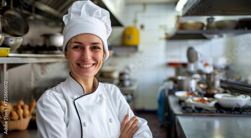closeup photo portrait of a handsome young female chef cook with white uniform standing. in the restaurant. blurry food restaurant kitchen in the background. happy chef.