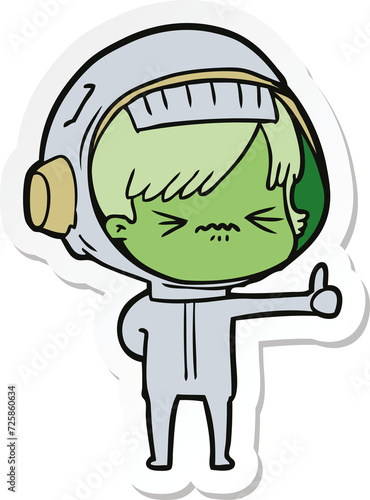 sticker of a annoyed cartoon space girl giving thumbs up sign