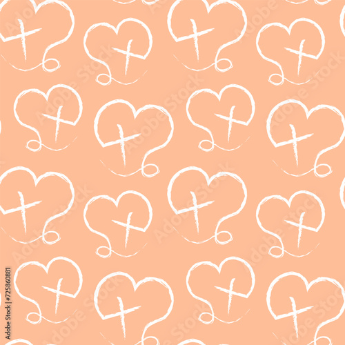 Seamless pattern with Christian Cross and heart in linear