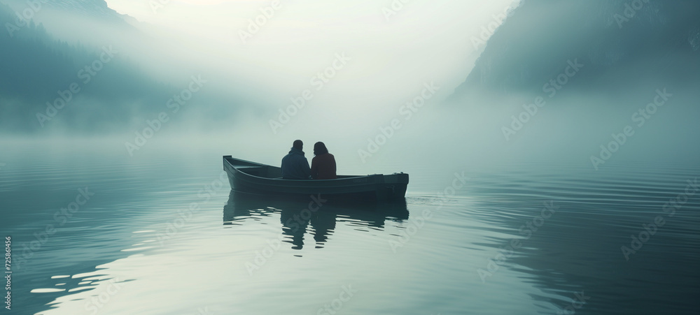 On a boat ride through a misty lake, a couple shares quiet moments as the fog rolls over the water