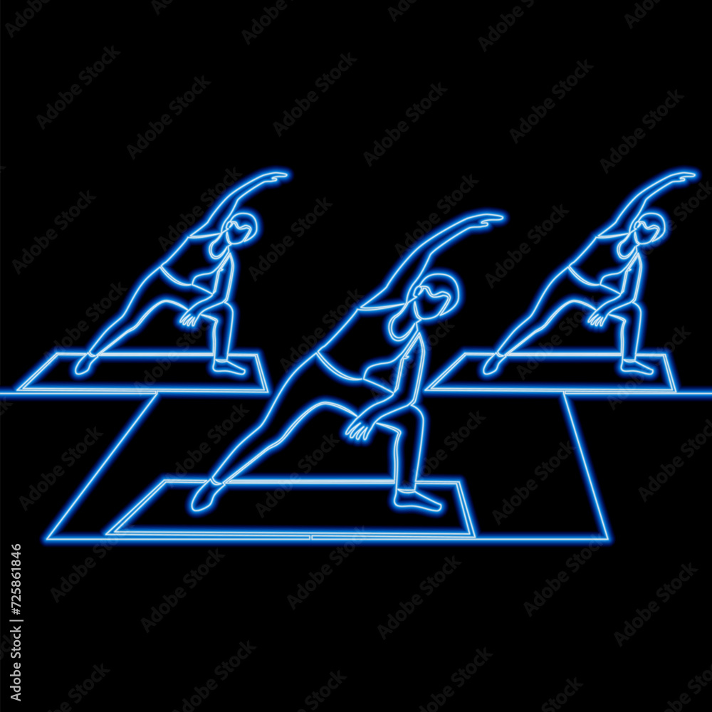 Yoga class. Group of people practicing yoga icon neon glow concept Yoga class. Group of people practicing yoga icon neon glow concept