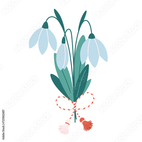 Snowdrop flower with Martisor talisman. Traditional accessory for holiday of early spring in Romania and Moldova. Vector illustration in flat style