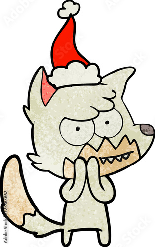 textured cartoon of a grinning fox wearing santa hat