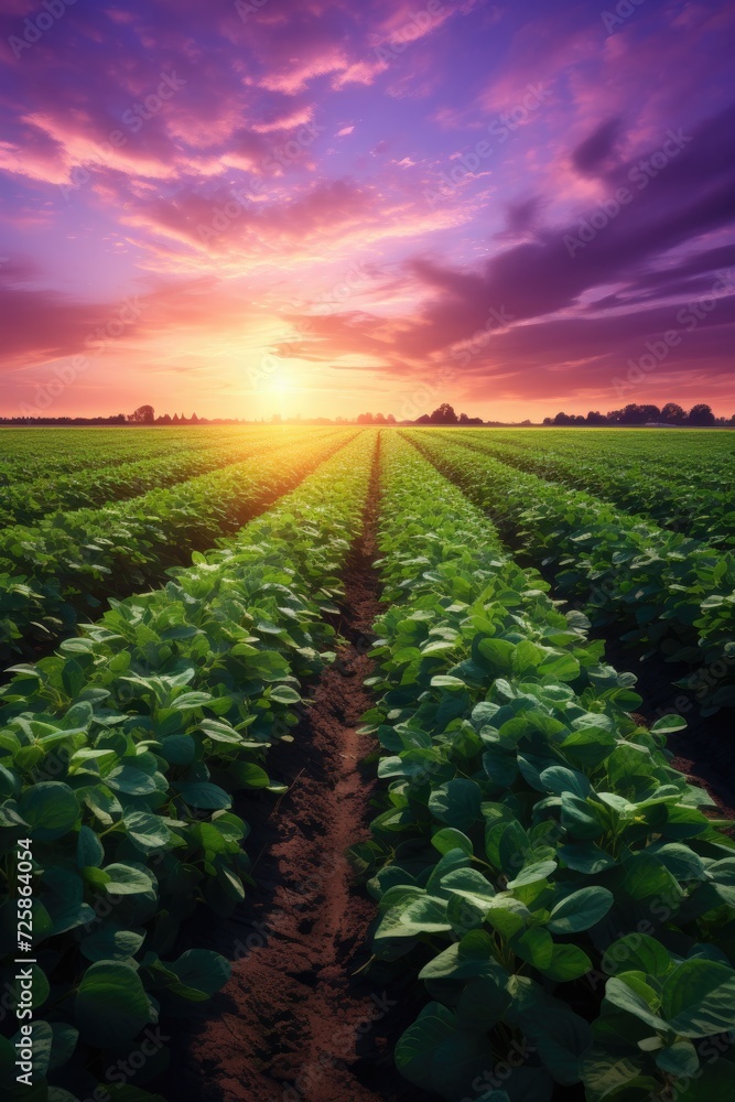 the sun is setting behind a field of bean plants