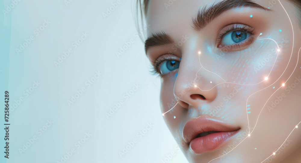Beauty, technology and facial recognition for skincare with a woman in studio isolated on white background. Skin, hologram or change with a model scanning her face for makeup automation or innovation