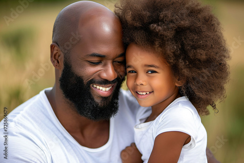 African American father with a beard hugs his curly-haired daughter and smiles. photo