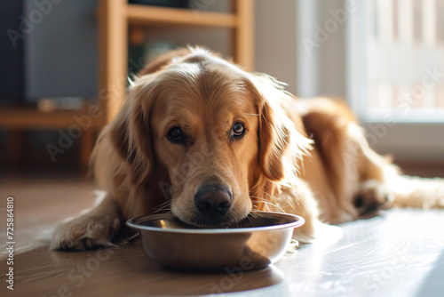 A golden retriever lies on the floor and eats his lunch from a bowl. Healthy dog food.