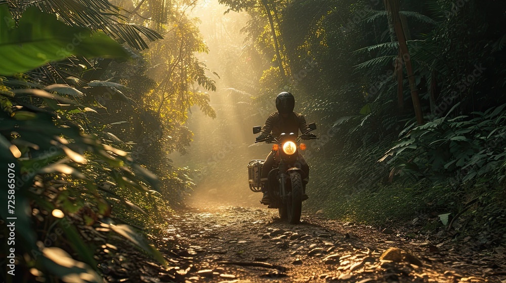 the exhilarating thrill of a motorbike journey through a dense forest.