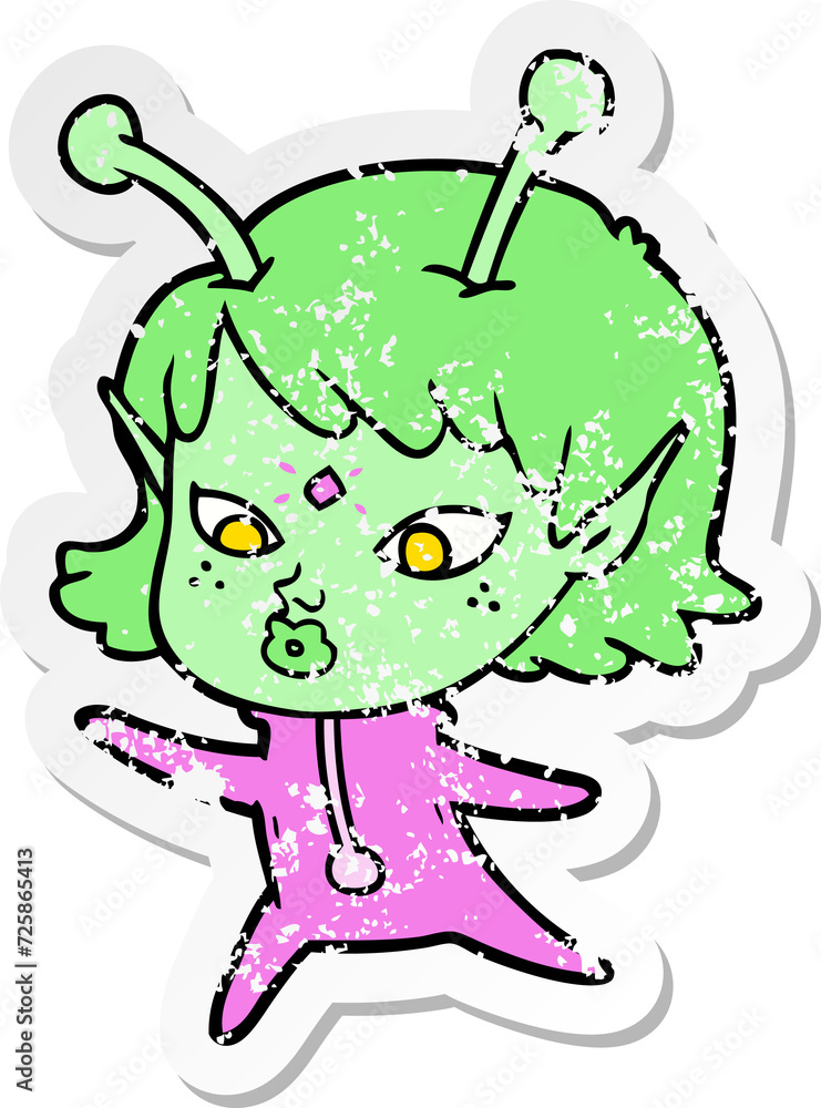 distressed sticker of a pretty cartoon alien girl distressed sticker of a pretty cartoon alien girl