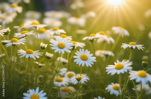 Chamomile field, sunny meadow. Blossomed blooms, summer flowers background