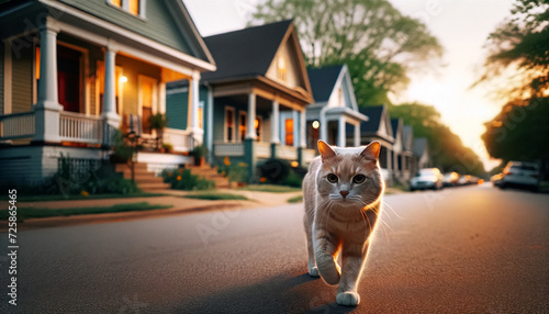 Golden Hour Stroll: A Neighborhood Cat's Suburban Adventure