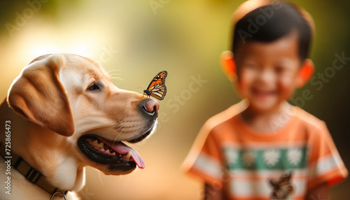 Childhood Bliss: A Sunny Day with a Boy, His Dog, and a Butterfly