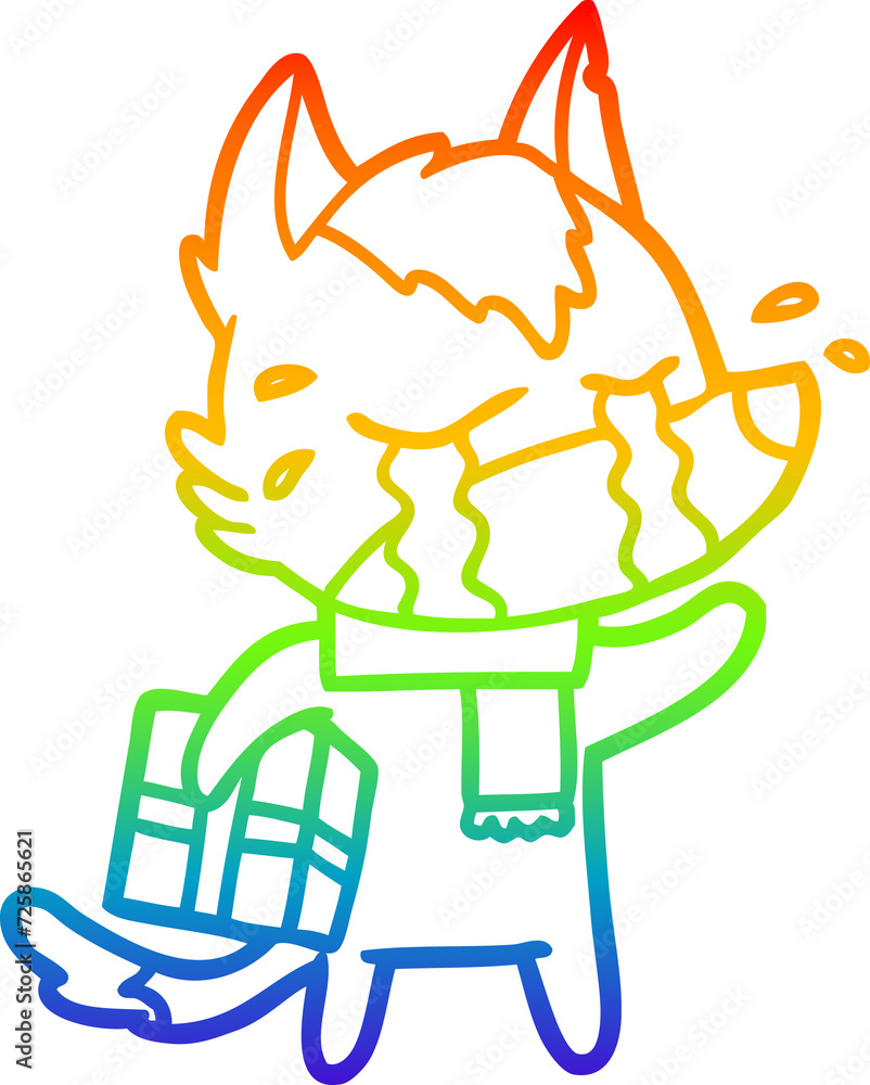 rainbow gradient line drawing cartoon crying wolf with christmas present rainbow gradient line drawing cartoon crying wolf with christmas present