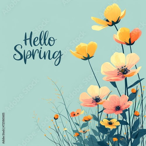 Vibrant Spring Blossoms with  Hello Spring  Greeting on Pastel Blue Background