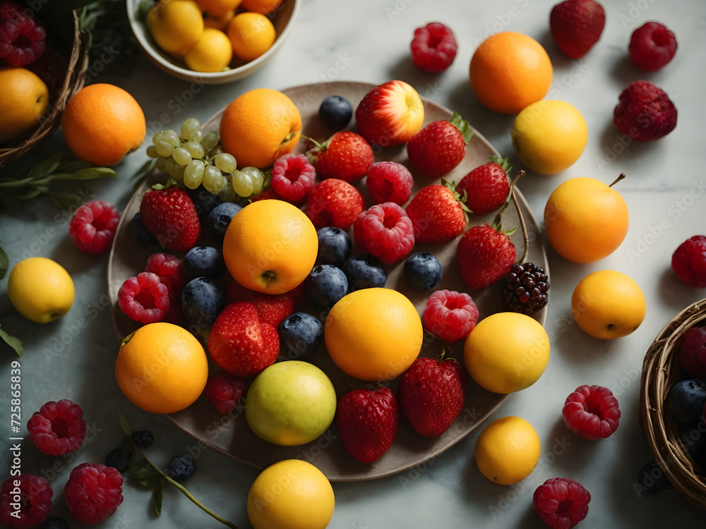 Overhead view of various fruits on table Overhead view of various fruits on table